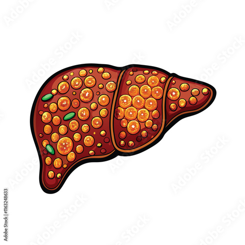 Create a vector illustration showing the four stages of liver cirrhosis progression, from healthy liver to end-stage cirrhosis.  Include visual representations of fibrosis and scarring.