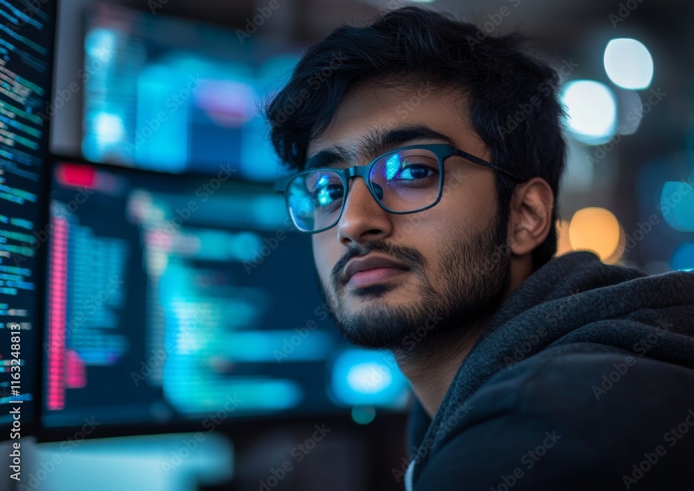 Intense Tech Focus Young Man in Blue Neon Glow Amidst Monitors Intense Tech Focus Young Man in Blue Neon Glow Amidst Monitors