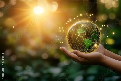 Glowing green futuristic digital globe with interconnected network nodes representing global connectivity and technology. Concept of worldwide connectivity, innovation and data exchange
