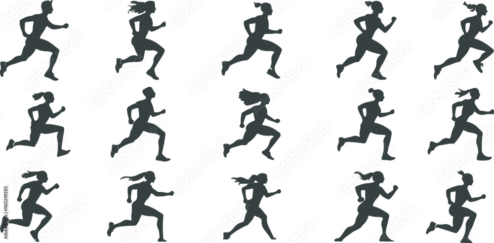 A collection of silhouettes of athletes running with passion and speed, with movement and energy. Ideal for sports advertising, training campaigns and event posters. A collection of silhouettes of athletes running with passion and speed, with movement and energy. Ideal for sports advertising, training campaigns and event posters.