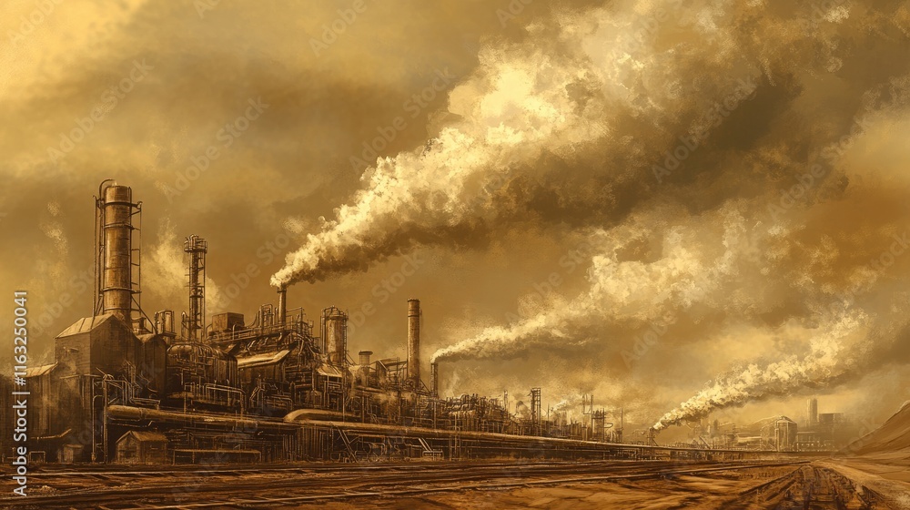 A polluted industrial landscape with smokestacks emitting thick smoke into a brownish sky.