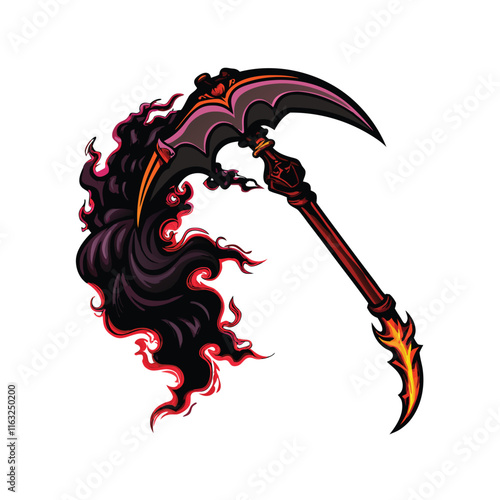 Generate a hyperrealistic image of a cursed demon scythe; dark, jagged blade, ominous glow, intricate demonic carvings, hellish background.