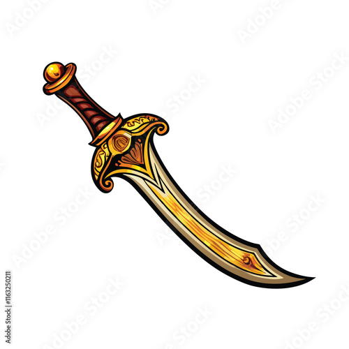 A meticulously detailed illustration of a curved Arabic Shamshir, showcasing its elegant, flowing blade and ornate hilt.  High-resolution, realistic rendering.