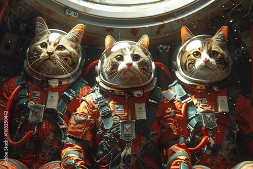 Three Adorable Cats Dressed as Astronauts in Colorful Space Suits Inside a Futuristic Spaceship Captivating Outer Space Adventure SceneCats
