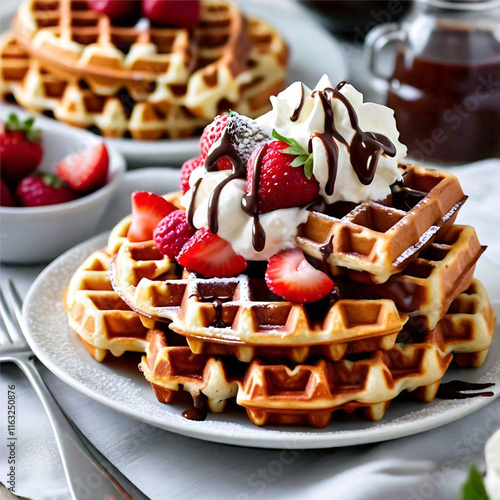 Waffles belgas con crema batida, chocolate y trozos de fresa  photo