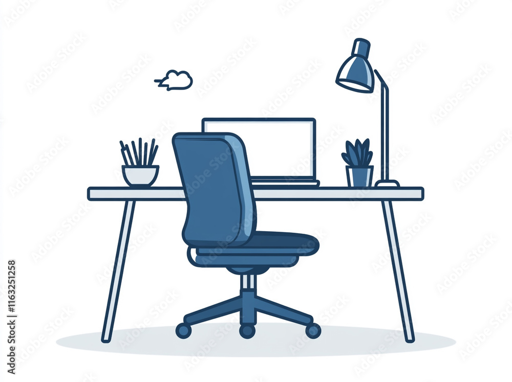 Fototapeta premium Work-from-home icon with a laptop, chair and desk. 