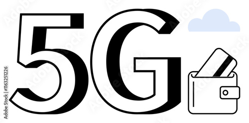 Large 5G text next to a wallet with a card sticking out, small cloud in the background. Ideal for finance, technology, 5G networks, digital payments, mobile connectivity, e-commerce, data security