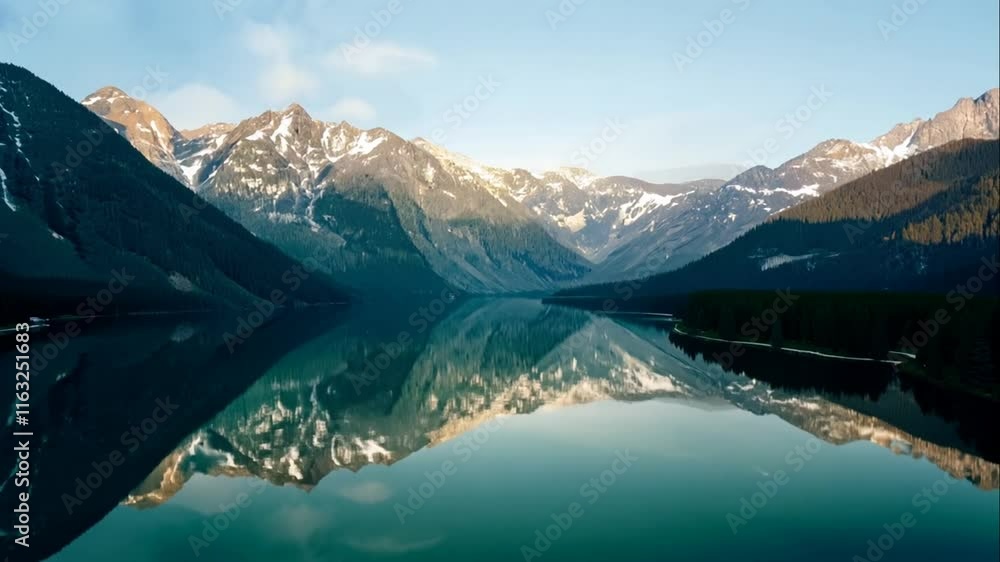 Majestic Mountain Landscape Reflected in Calm Lake Surrounded by Scenic Wilderness with Clear Blue Sky and Snow-Capped Peaks at Dawn Majestic Mountain Landscape Reflected in Calm Lake Surrounded by Scenic Wilderness with Clear Blue Sky and Snow-Capped Peaks at Dawn