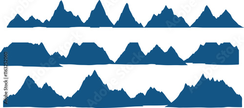 Collection of mountain silhouettes with steep peaks and gentle slopes, ideal for travel promotions, scenic illustrations, and environmental campaigns
