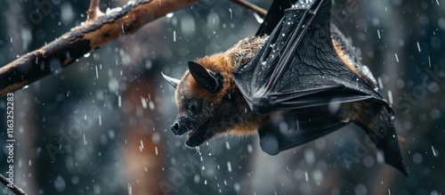 Bat hanging on a branch in the rain. photo