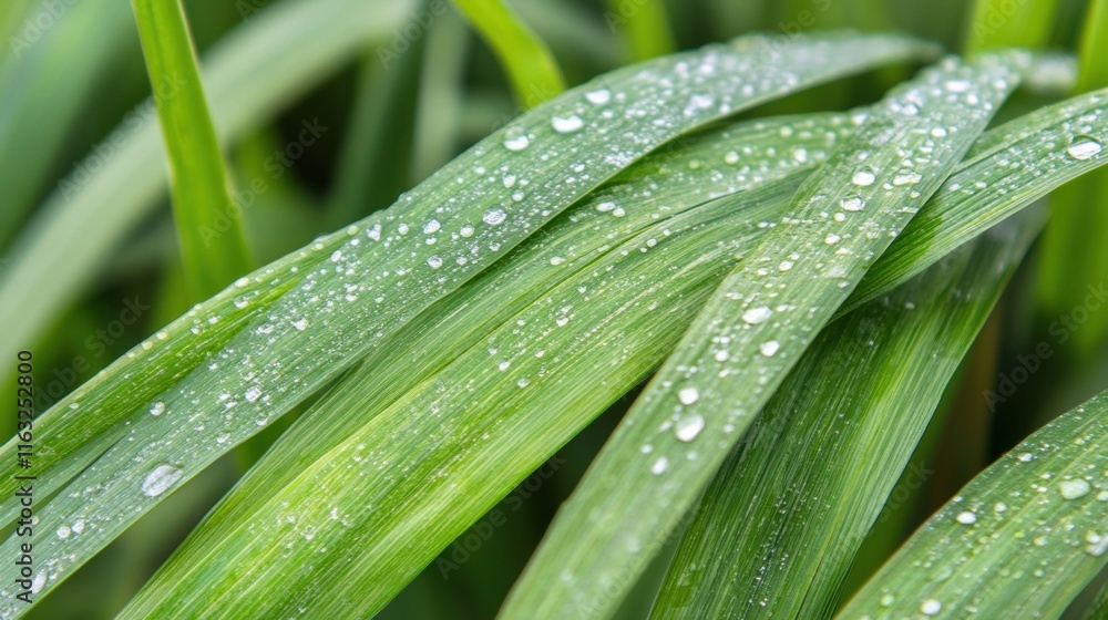 Dew drops sparkle on fresh green grass blades, reflecting morning light in a tranquil landscape filled with nature's beauty Dew drops sparkle on fresh green grass blades, reflecting morning light in a tranquil landscape filled with nature's beauty