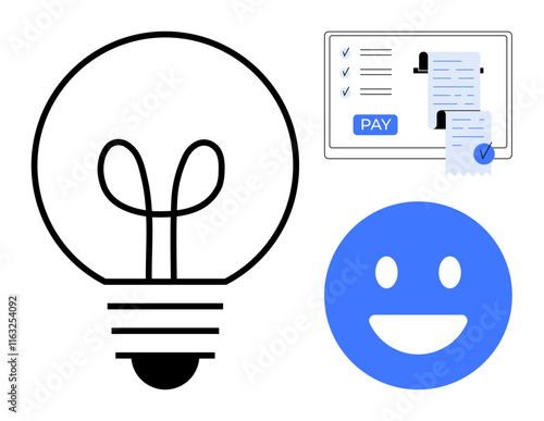 Light bulb, smiling face, and payment processing screen with receipts illustrate innovation, satisfaction, and digital transactions. Ideal for business, technology, customer service, online payments