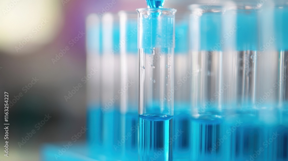 Test tubes in a laboratory setting showcase a vibrant blue liquid being added carefully, illustrating a scientific process in action Test tubes in a laboratory setting showcase a vibrant blue liquid being added carefully, illustrating a scientific process in action