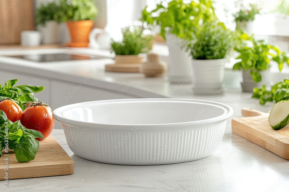 Fresh Ingredients and White Baking Dish in Modern Kitchen Surrounded by Herbs and Vegetables Capturing the Essence of Culinary Preparation and Home Cooking Fresh Ingredients and White Baking Dish in Modern Kitchen Surrounded by Herbs and Vegetables Capturing the Essence of Culinary Preparation and Home Cooking