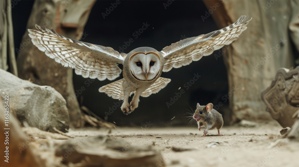 Naklejka premium An Ai generative image of flying barn owl catching mouse in the barn.