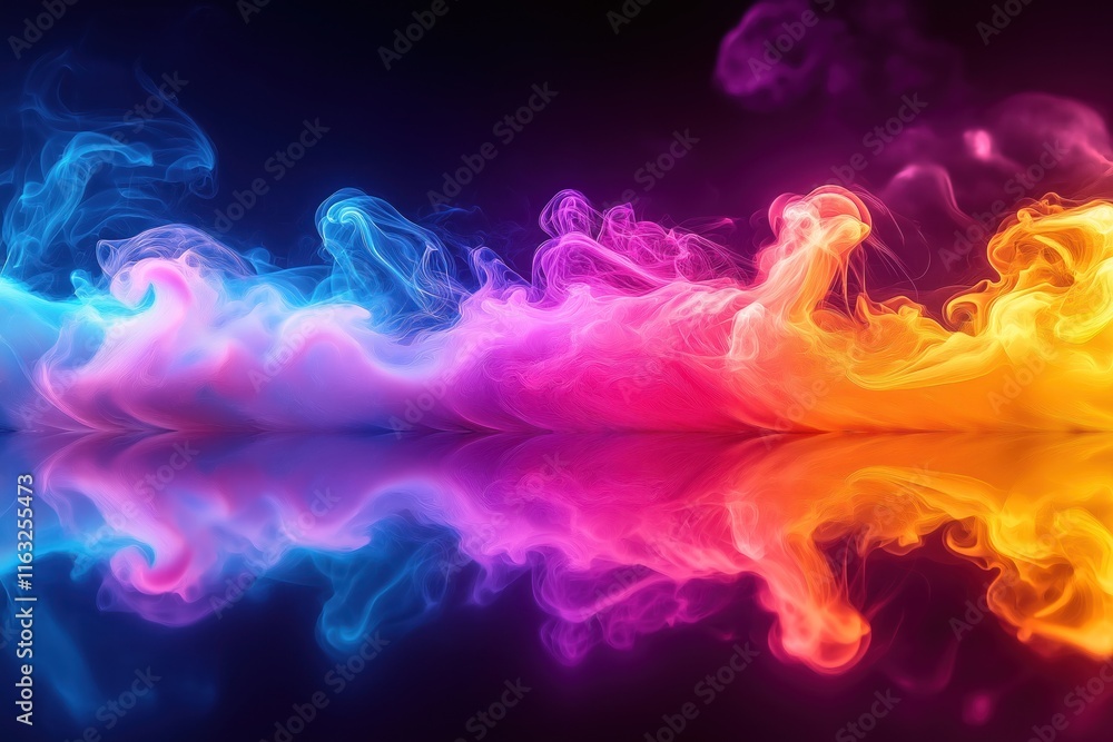 Fototapeta premium Vibrant colorful smoke swirls create dynamic abstract pattern. Rainbow colors blend smoothly into flowing shapes. Vibrant colors mirror across dark surface creating mirrored effect. Abstract design