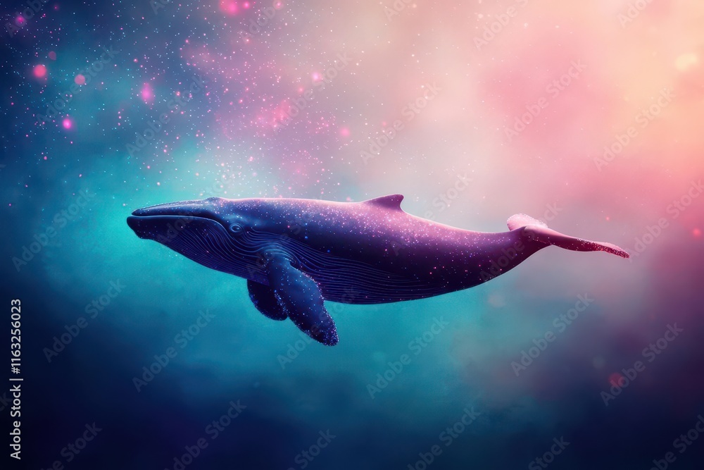 Fototapeta premium Whale swimming gracefully through the ocean, surrounded by tiny glowing plankton, tranquil and serene, photorealistic