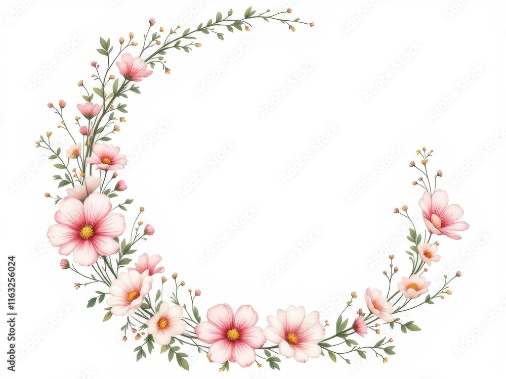 Naklejka premium Delicate watercolor illustration of a floral frame with small pink flowers and green leaves, creating a sweet and gentle feel, perfect for spring or baby shower invitations.