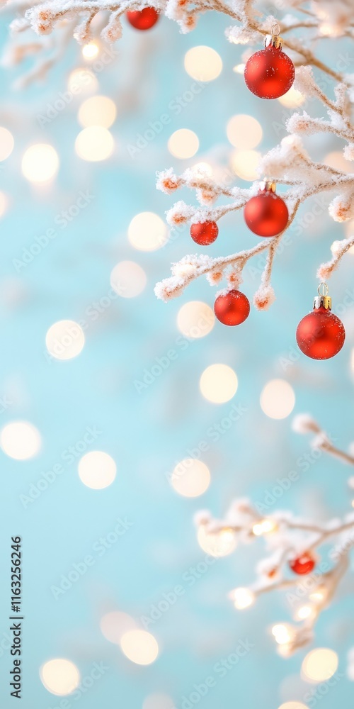 Festive Snow-Covered Branches with Red Ornaments and Holiday Bokeh Festive Snow-Covered Branches with Red Ornaments and Holiday Bokeh