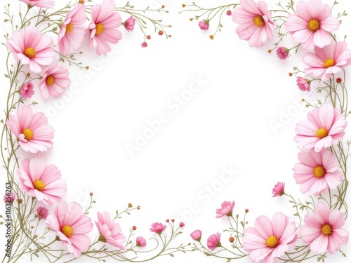 Elegant watercolor illustration of a floral frame with pink cosmos and golden details, creating a romantic and delicate feel, suitable for wedding designs or special occasion cards.