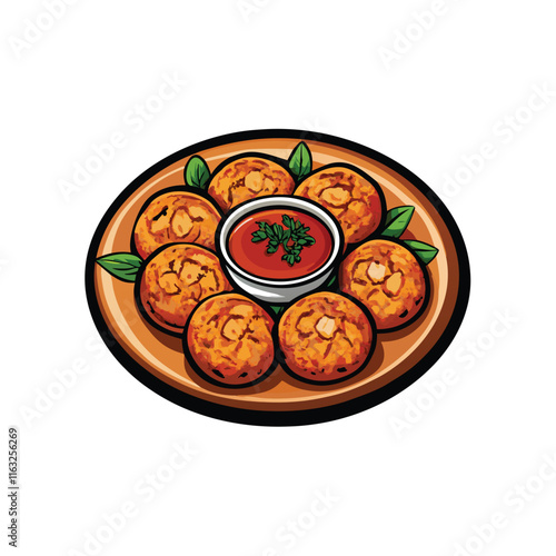 Create a detailed vector illustration of Thai fish cakes (Tod Mun Pla), showcasing their texture, ingredients, and appealing presentation.  Include vibrant colors and realistic detail.