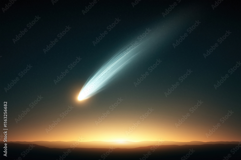 Bright comet passing over a distant horizon during twilight hours Bright comet passing over a distant horizon during twilight hours