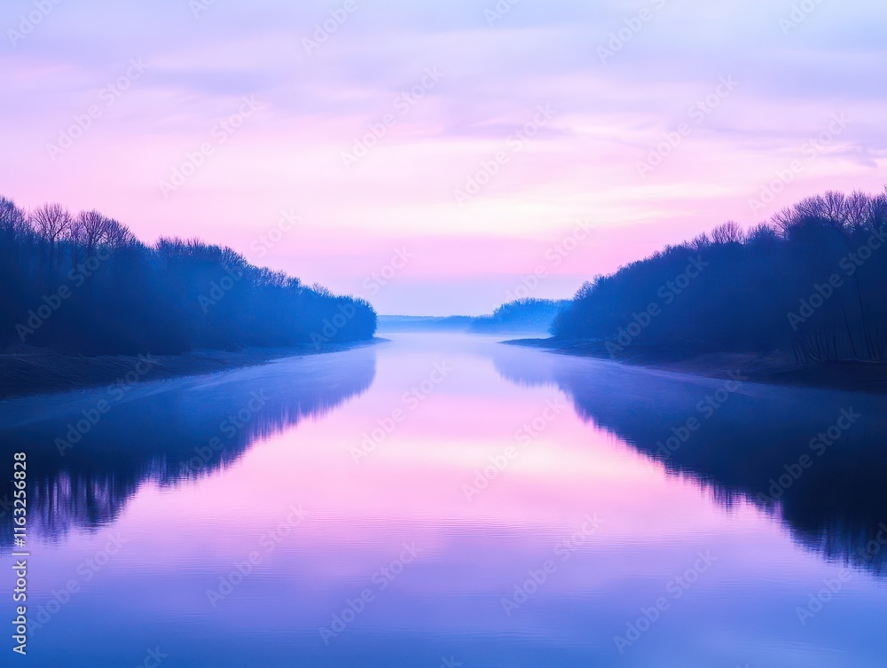 Fototapeta premium Treefringed river at twilight with soft pink and purple hues, serene reflections, peaceful and dreamy ambiance