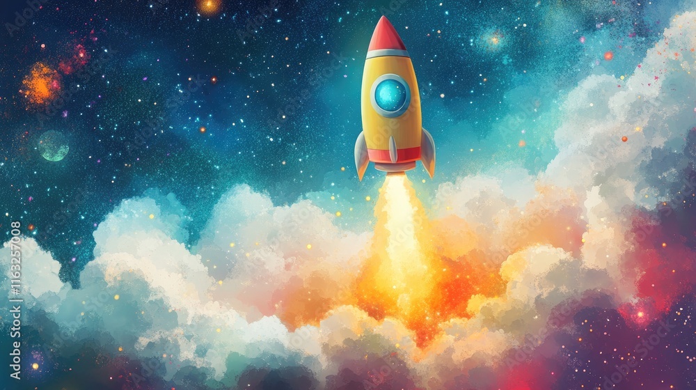 A colorful rocket launching into space amidst vibrant clouds and stars. A colorful rocket launching into space amidst vibrant clouds and stars.