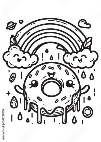 Coloring book cute donut with rainbow illustration