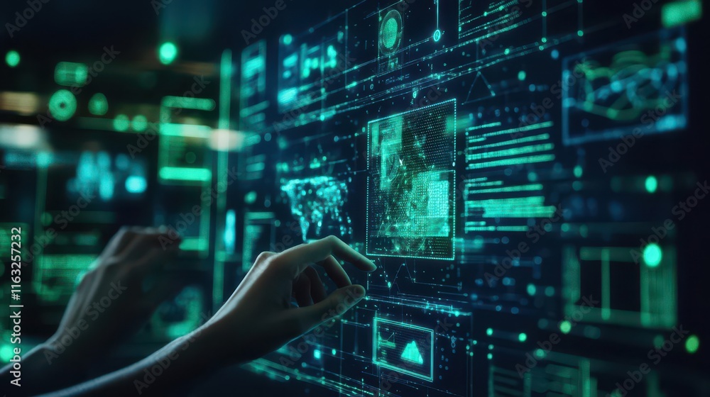 Team building a digital ecosystem on AR interfaces, glowing green and blue visuals, dark background, techinspired design Team building a digital ecosystem on AR interfaces, glowing green and blue visuals, dark background, techinspired design