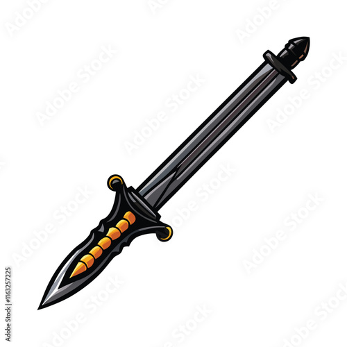 Render a highly detailed, sleek dual-bladed assassin's sword;  emphasize sharp edges, balanced design, and a dark, metallic finish.