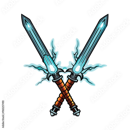 A futuristic warrior expertly dual-wields a pair of glowing cyan energy swords, poised for battle.  Intricate details on blades and armor are crucial.