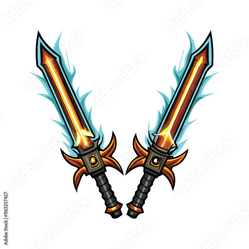 A futuristic warrior fiercely dual-wielding vibrant, glowing energy blades; intricate blade detail, dynamic pose, sci-fi setting.