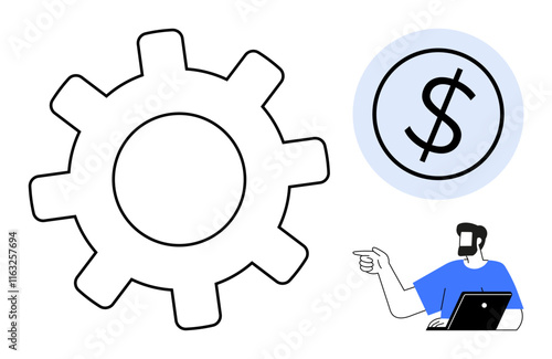 Business professional pointing at gear and dollar sign. Ideal for business strategy, financial management, operational efficiency, economics, work processes, planning, productivity themes. Abstract