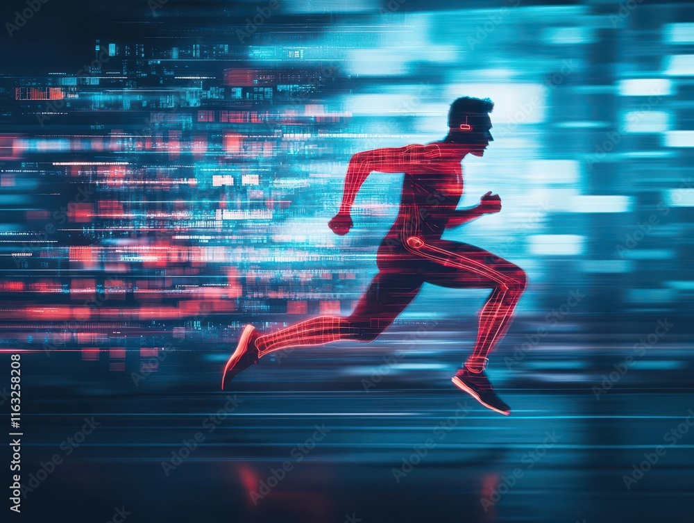 Running efficiency visualized as glowing aerodynamic lines surrounding a sprinter, dynamic motion blur, cyberpunk theme Running efficiency visualized as glowing aerodynamic lines surrounding a sprinter, dynamic motion blur, cyberpunk theme