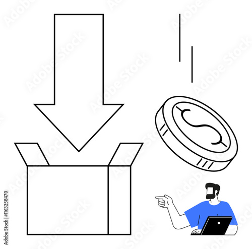 Arrow pointing into open box, falling dollar coin, man holding tablet and pointing. Ideal for savings, investments, budgeting, e-commerce, savings strategies, financial planning economic growth