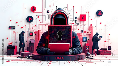 3D concept poster that visually represents the themes of data security and hacking. Incorporate elements that symbolize data theft and cyber fraud. photo