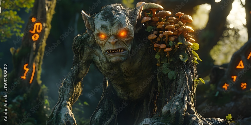 Obraz premium Fantastical forest goblin with glowing eyes and mushroom growth in a mystical woodland setting at dusk. Generative AI