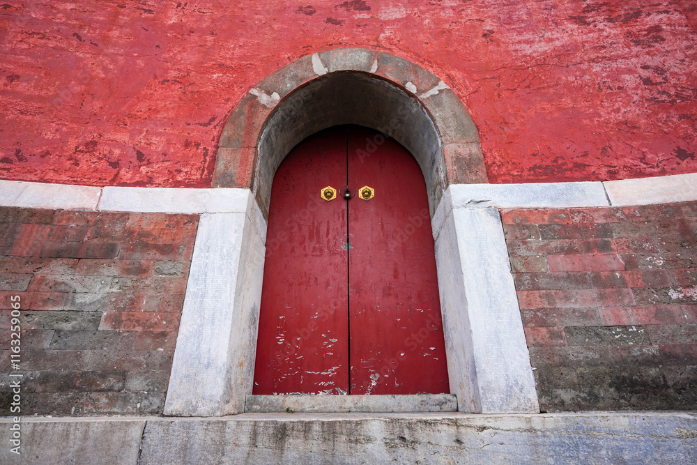 Wooden Gate on Tibetan Diaolou in the Four Great Regions Scenic Area of Summer Palace in Beijing