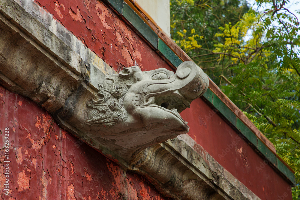 The dragon head on the Tibetan watchtower in the Four Great Regions scenic area of Summer Palace in Beijing.