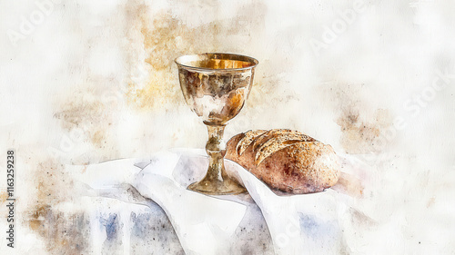A delicate watercolor of a communion cup and bread on a white altar cloth, bathed in soft, ethereal lighting, symbolizing faith, purity, and spiritual devotion in a serene composition.