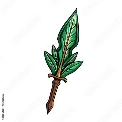 A delicate elven sword, its blade shaped like leaves, intricately detailed, sharp, and gleaming. (1)  fantasy, magical.