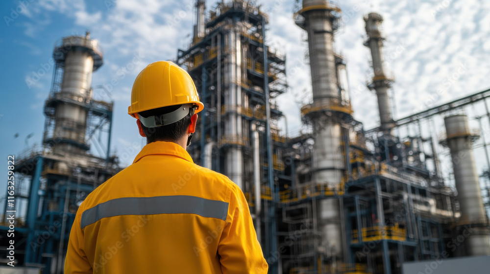 worker in yellow uniform and helmet stands in front of industrial facility, observing towering structures and machinery. scene conveys sense of diligence and focus worker in yellow uniform and helmet stands in front of industrial facility, observing towering structures and machinery. scene conveys sense of diligence and focus