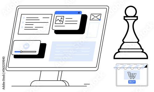 Computer screen displaying various digital marketing elements, including email, images, and video tools. Chess pawn and online store icon emphasizing strategic planning. Ideal for digital marketing