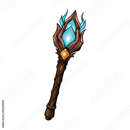 A detailed rendering of an enchanted mage staff long, wooden, intricately carved with glowing runes and a crystal orb at its apex.