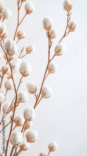 Cotton Branches, Minimalist Design, White Background, 9:16 Ratio Ideal for Smartphones and Social Media  