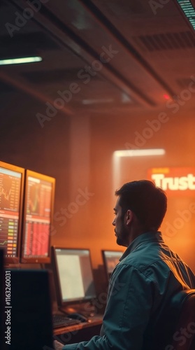 Trader watching computer screens with graphs