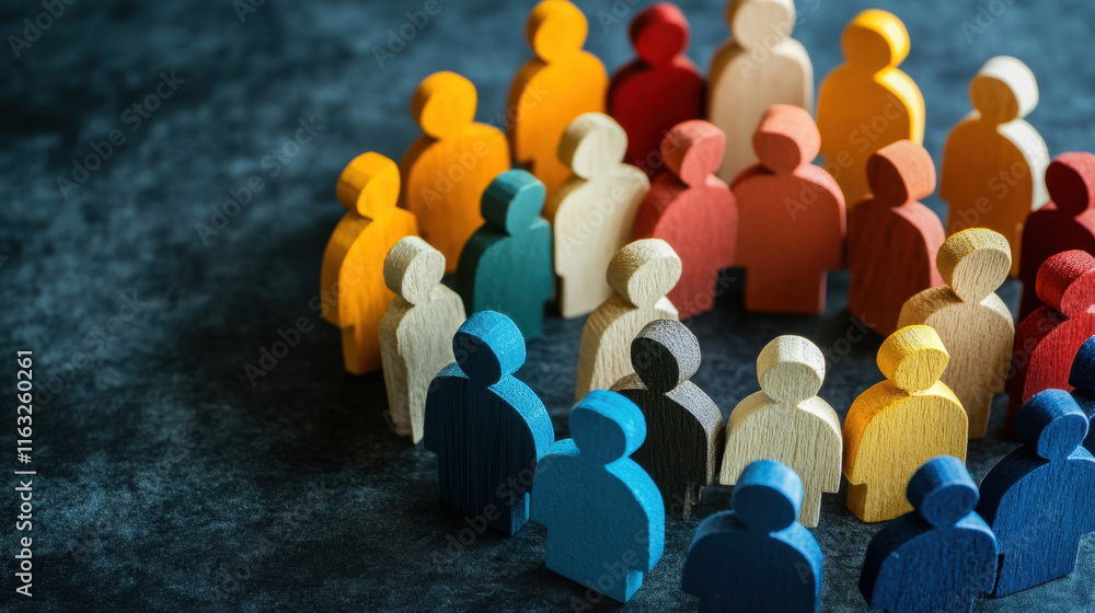Obraz premium Diverse wooden figures representing teamwork and inclusion in circle, symbolizing unity and collaboration in professional environment