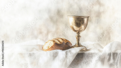 A delicate watercolor of a communion cup and bread on a white altar cloth, bathed in soft, ethereal lighting, symbolizing faith, purity, and spiritual devotion in a serene composition.