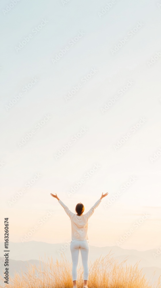Joyful Woman Embracing Freedom in Serene Sunset Landscape Joyful Woman Embracing Freedom in Serene Sunset Landscape